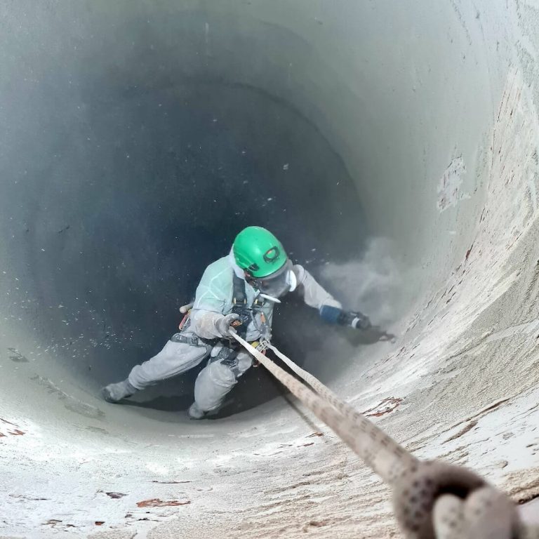 Cordiste en combinaison nettoyant la paroi intérieure d'un silo